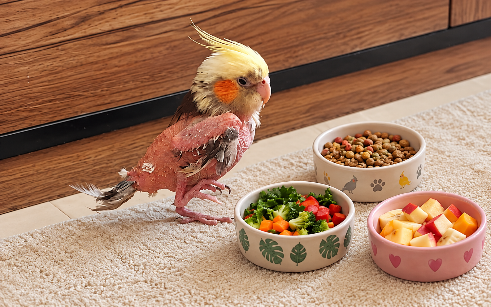 ea95-40ce-aa2e-7d8bd6c50e68-Moulting_Cockatiel_Beside_Colorful_Food_Bowls.png
