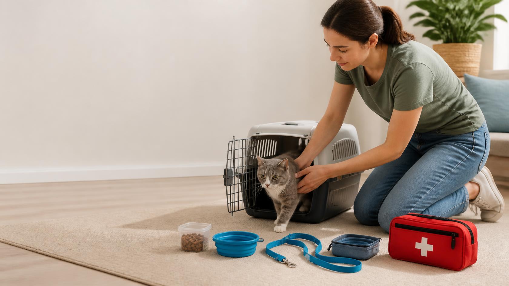 669f-4523-811c-0c6442307271-realistic_editorial_photo_of_a_pet_owner_training_a_calm_cat_for_emergencies_at_home__the_owner_gently_guides_the_cat_into_an_open_pet_carrier__with_a_leash__water_bowl__treats__medicine_pouch__and_emergency_kit_ne.jpg