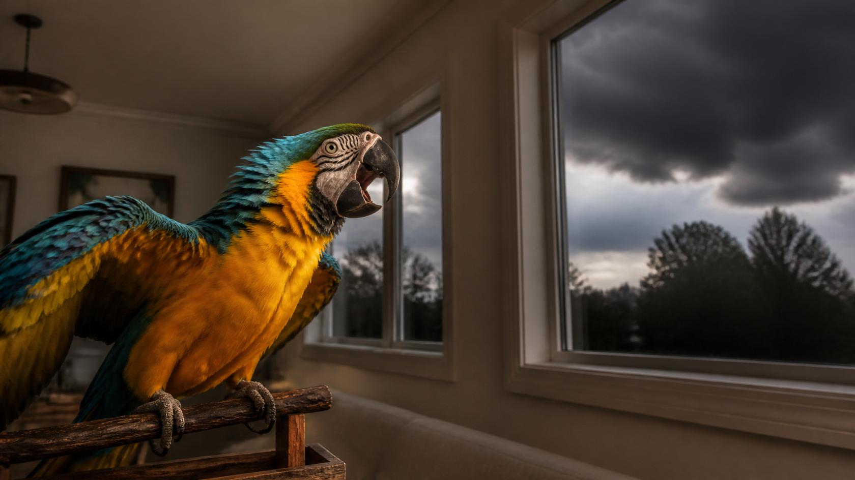 3bf3-443e-a814-61318b9906ad-realistic_editorial_cover_photo_of_a_bright_parrot_inside_an_intact_home_near_a_window__feathers_fluffed_and_spread__beak_open_as_if_making_noise__anxious_and_restless_posture__looking_uneasy_at_stormy_sky_outside_.jpg